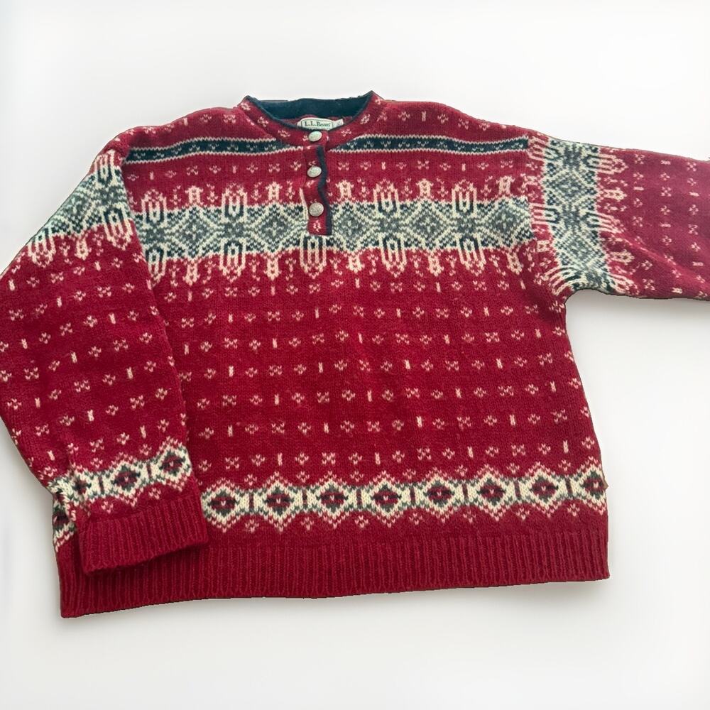 Vintage LL BEAN Sweater Faire Isle Nordic Wool Apres Ski Red Size XL 3825